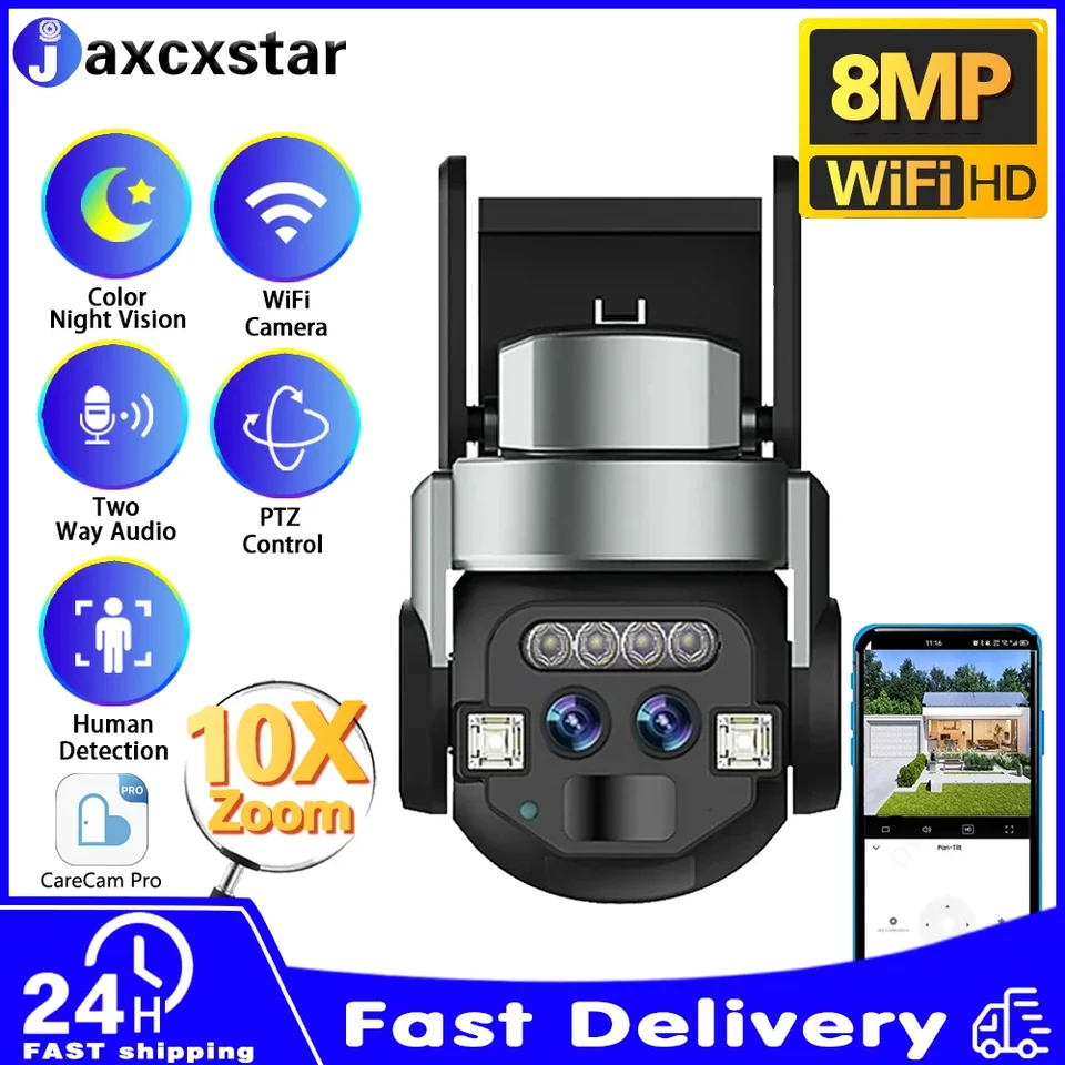4K WiFi Outdoor Audio Dual Dual Lens 10x Hybrid PTZ Zoom Camera Carecam Pro 8MP Wireless Security IP PTZ CCTV Human Detection Camera