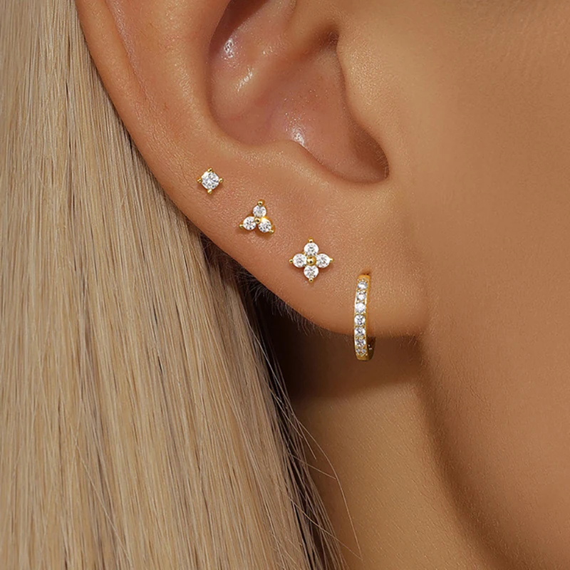 4ks 18 K Zlaté kvetinové okrúhle piercing náušnice pre ženy z nehrdzavejúcej ocele zirkón punk cvok náušnice Trendy šperky