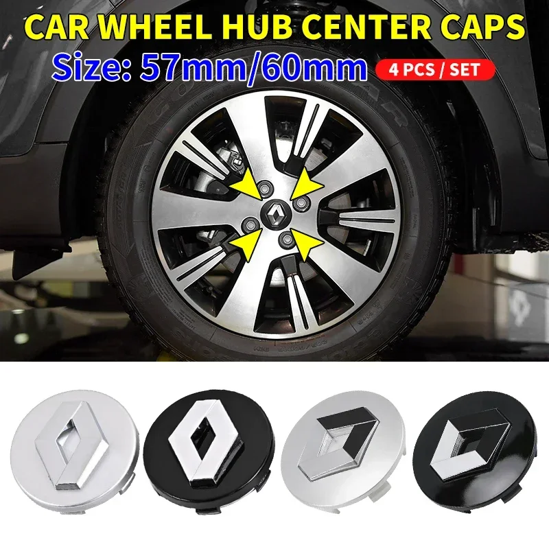 4ks 57 mm 60 mm automobilový náboj Caps Center Cover Cover Cover Hubcaps Decorácie pre Renault 2 Koleos 4 Captur Kadjar Megane Clio Twingo Scenic