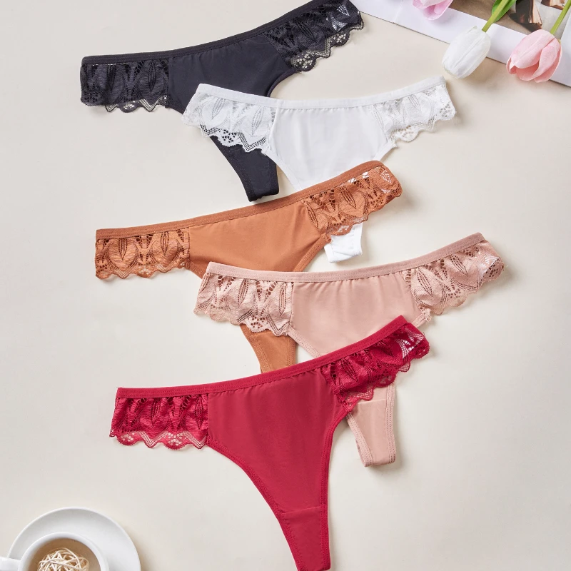 4ks Dámske hodvábne čipkové hodvábne zostrihové spodné prádlo Sexy, pohodlné, priedušné, priateľské k pokožke, elastická pevná farba tangá