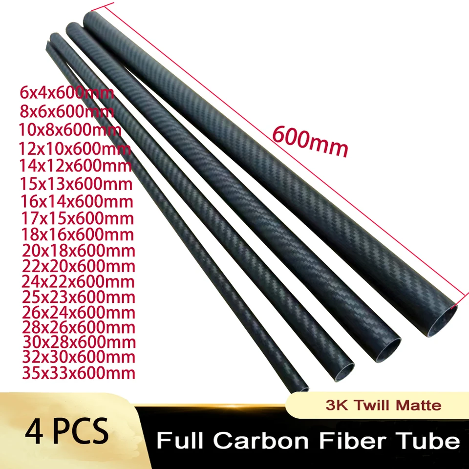 4ks dĺžka 600 mm trubica z uhlíkových vlákien Vysoký kompozitný materiál tvrdosti 3K kep