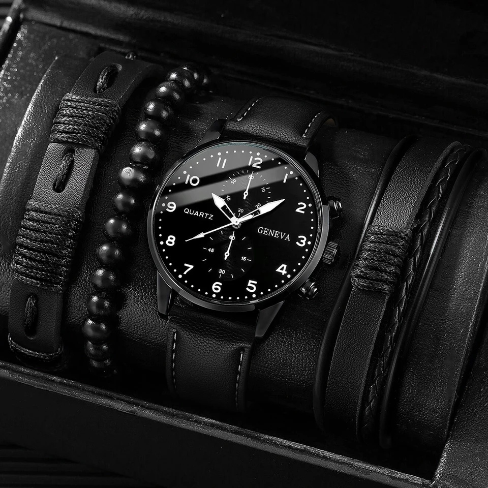 4KS Fashion Pánske hodinky Muž Business Quartz náramky vintage kožené náramky set （bez krabice）
