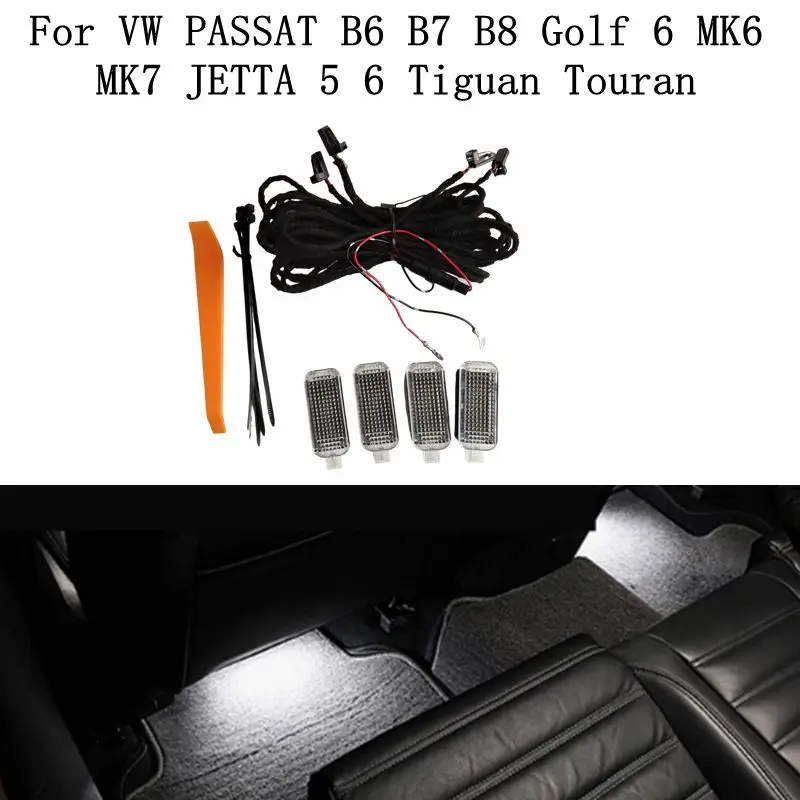 4ks LED LED Footwell Light Foot Lamps Lamps káblový drôt zväzok pre VW Passat B6 B7 B8 Golf 6 MK6 7 MK7 Jetta 5 6 Tiguan Touran