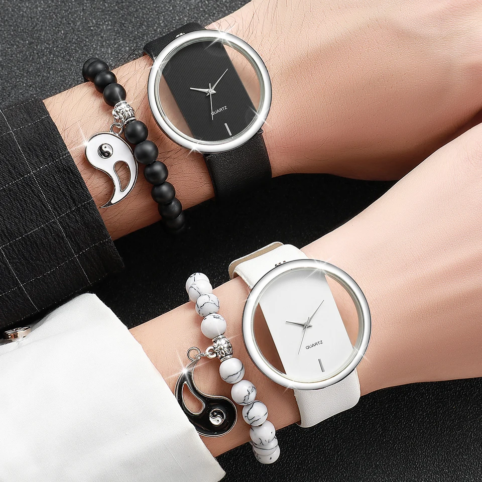 4ks páry hodinky módne dĺžky vytáčanie kožená kapela Ladies Quartz Watch Set （bez boxu）