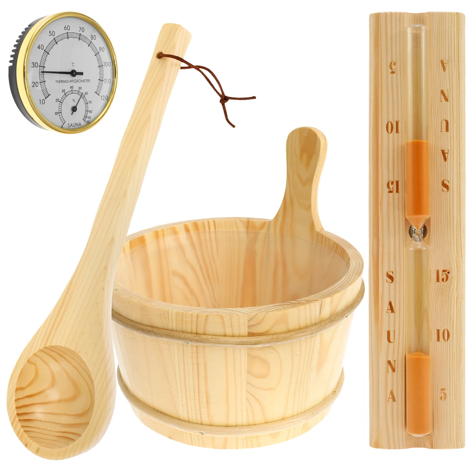 4ks Sauna Accessories Set Wood Sauna Bucket Sauna Lyžica s dlhou rukoväťou 2 v 1 saune Termometer Hygrometer Hygrometer časovač