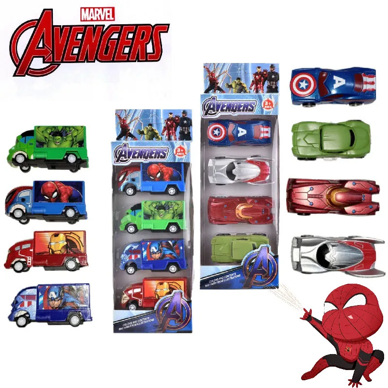 4ks/set Anime Marvel Avengers Cars Model karikatúra Spiderman Hulk Iron Man Car Figure Boys Darček