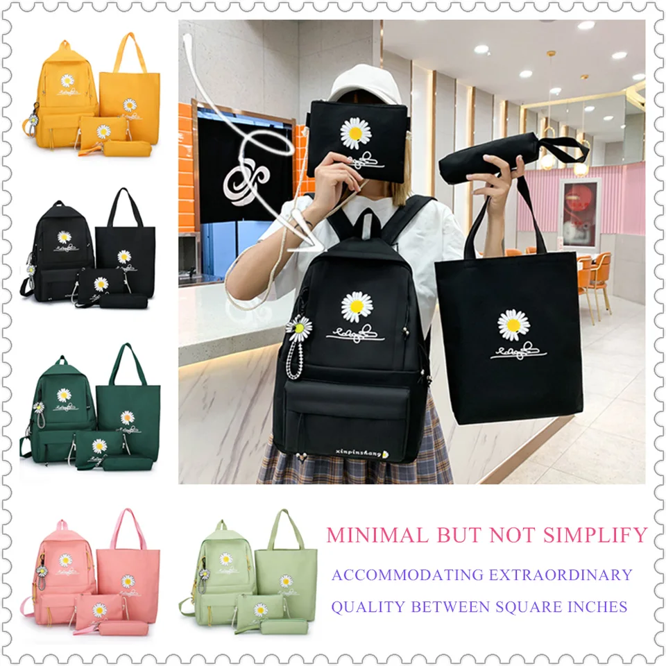 4ks/set Canvas Backpack Student Girl Daisy Mochila Rameno Pen Clutch Bag