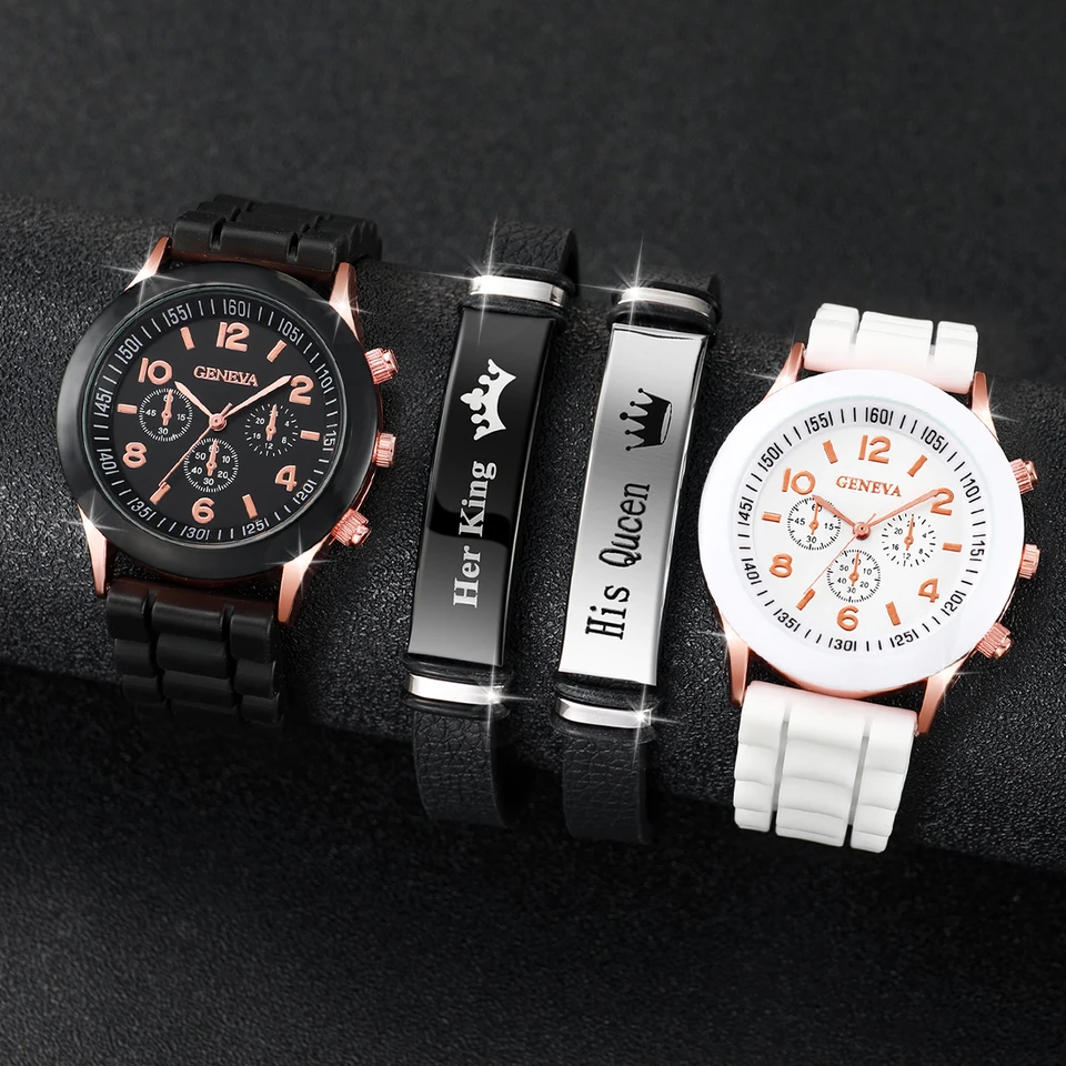 4ks/set Fashion Dámske hodinky Pár Simple Silikone Strap Quartz Watch s setou náramkov z koruny