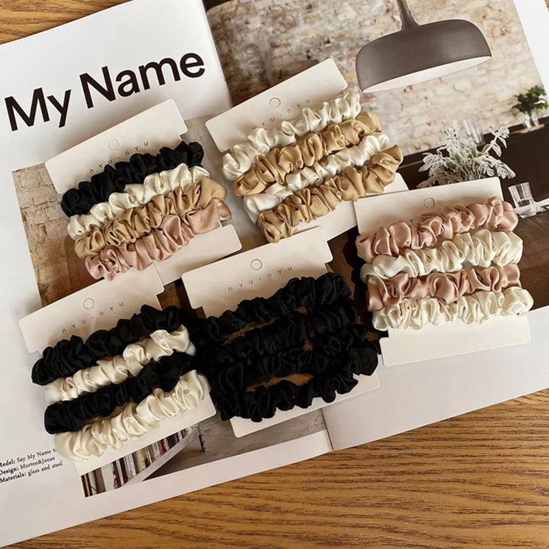 4ks/set saténové hodvábne scrunchies elastické vlasové pásy Ženy Malé pevné držiak na opytail Hair kravata gumy