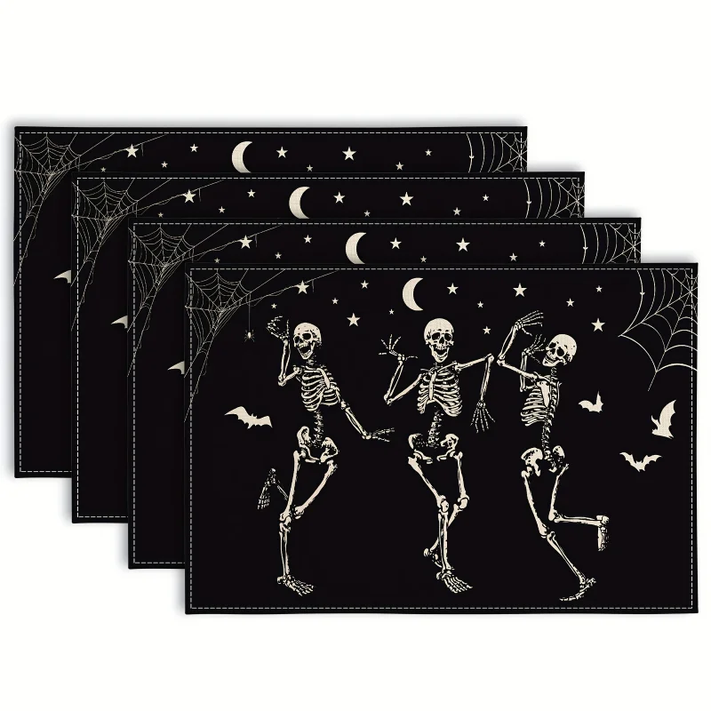 4KS Spooky Skeleton Halloween prestieranie tepelne rezistentné polyester stolové rohože pre dovolenku a dekoráciu stroja umývateľné