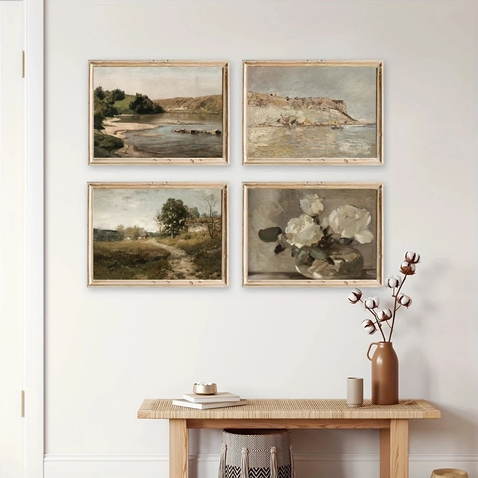 4ks vintage krajina Prírodná krajina olejomaľba Art výtlačky, retro kvetina zátiší Art Tlač plagátu plagát pre domáci dekor