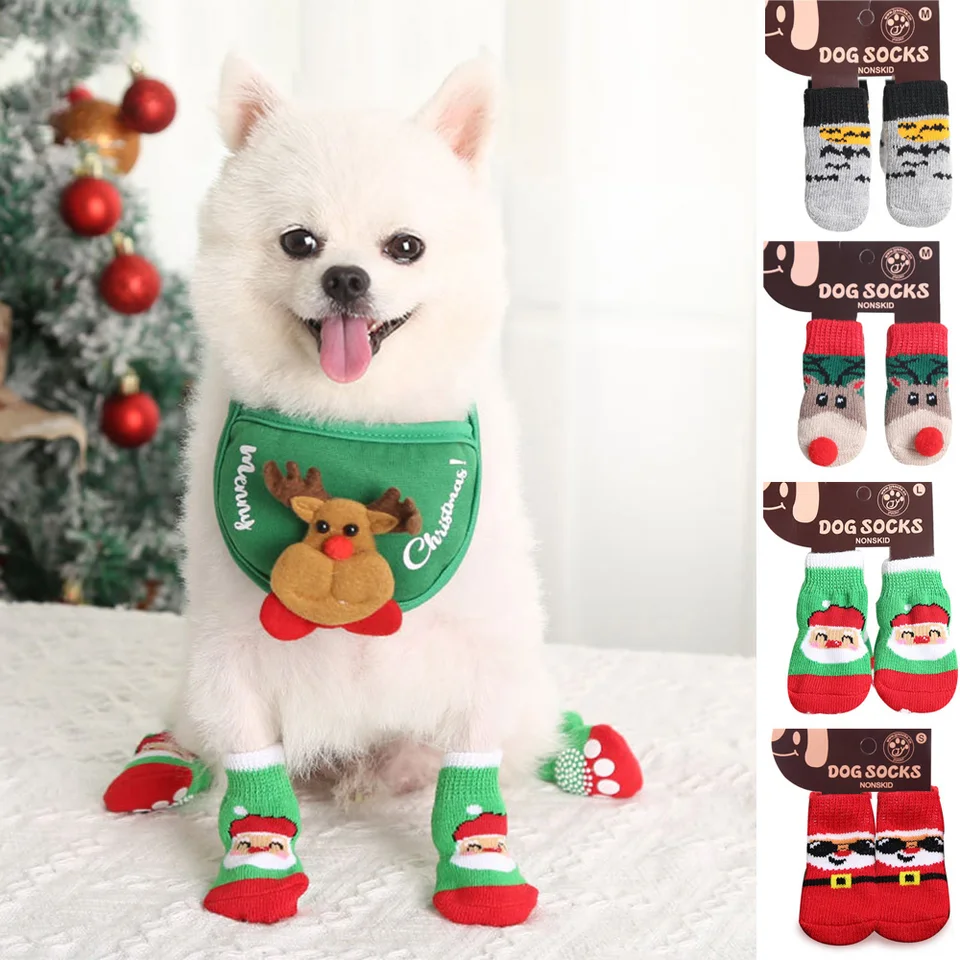 4ks zimné domáce maznáčiky ponožky Vianoce malé mačky pletené teplé ponožky psa Anti-sklip ponožky chihuahua labka ochrancu topánok pre domáce zvieratá