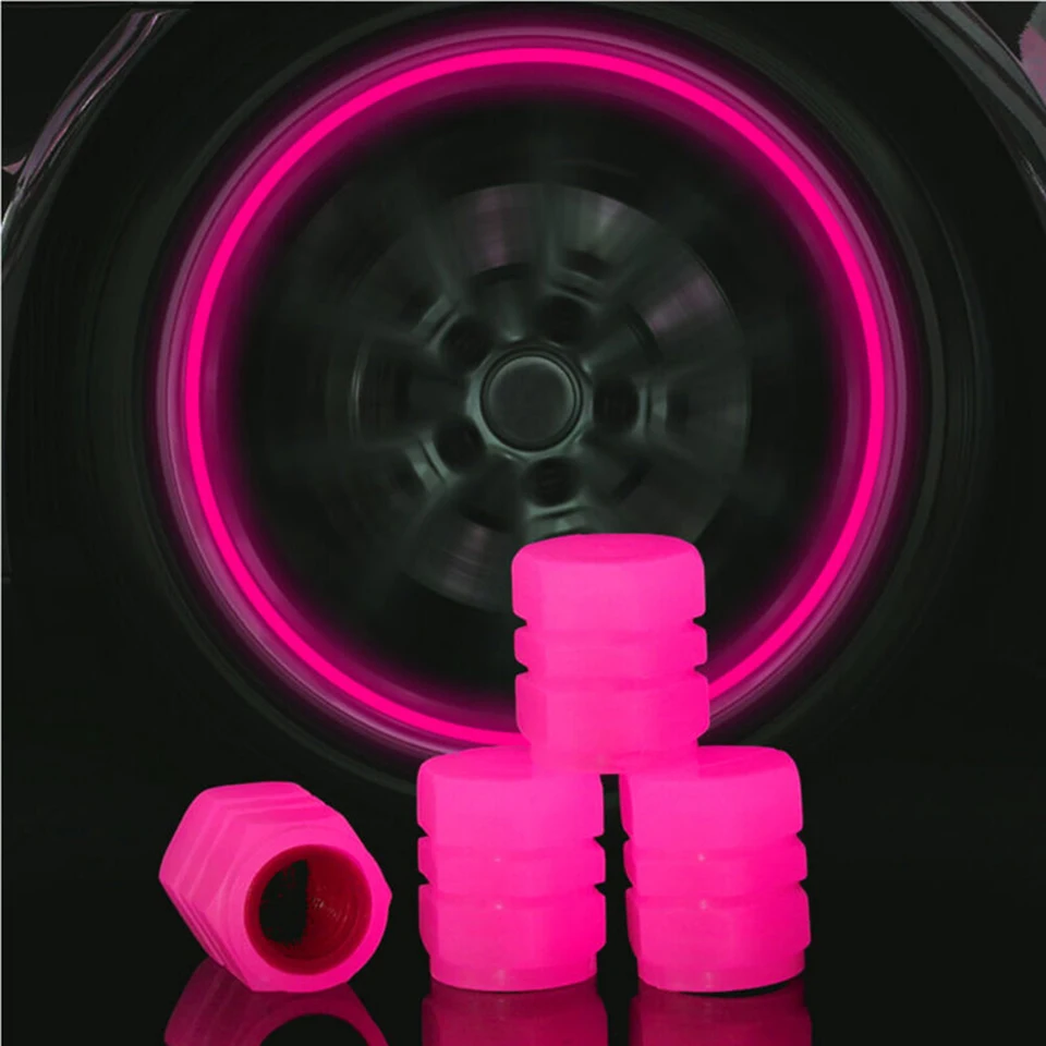 4ksové auto Fluorescenčné ružové pneumatické pneumatiky Tire Tire Tire Tire Tire Prach Prachový kryt pre autá SUV STEV STEMS STEMS CAR KOLESKÉ PNES ČASŤ