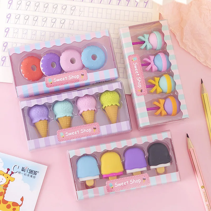 4ksové gumy na lane na ľadové gumy súpravy Mini Lollipop Dessert Popsicle Donuts Gumer Peruzka Guma pre deti