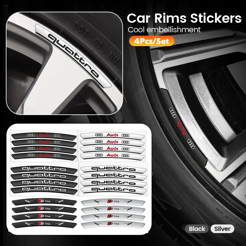 4ksové hliníkové nálepky pre logo Audi Sline pre dekoráciu náboja kolies pre Audi Sline A1 A3 A4 A5 A6 A7 A8 B5 B6 B7 B8 C5 C6 C7 D2