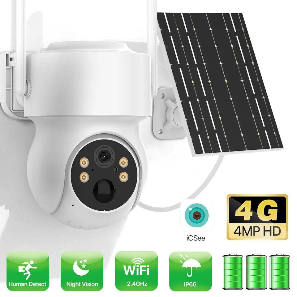 4MP 4G SIM karta PTZ Solárna kamera Outdoor Wireless 1080p HD Vstavaná batéria Video sledovací fotoaparát Dlhodobý pohotovostný ICSEE