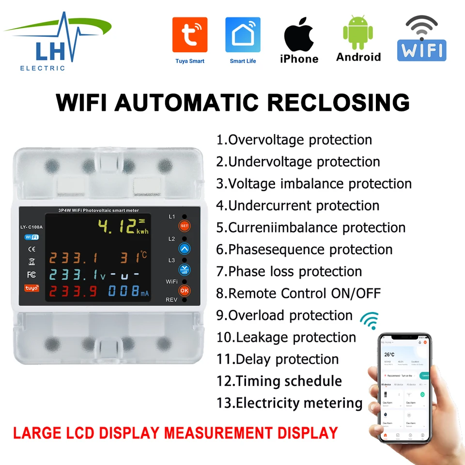 4p 100a tuya wifi trojfázový energetický meter s BI Smerovým automatickým prepínačom protektora pre inteligentnú životnosť pre inteligentnú životnosť