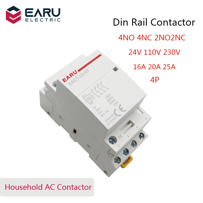 4p 16-25a AC 220V 50/60Hz DIN Rail Domácnosť AC Modular Comtožnícky spínač Ovládač 4NO 4NC 2NO 2NC DIY inteligentný hotel Hotel