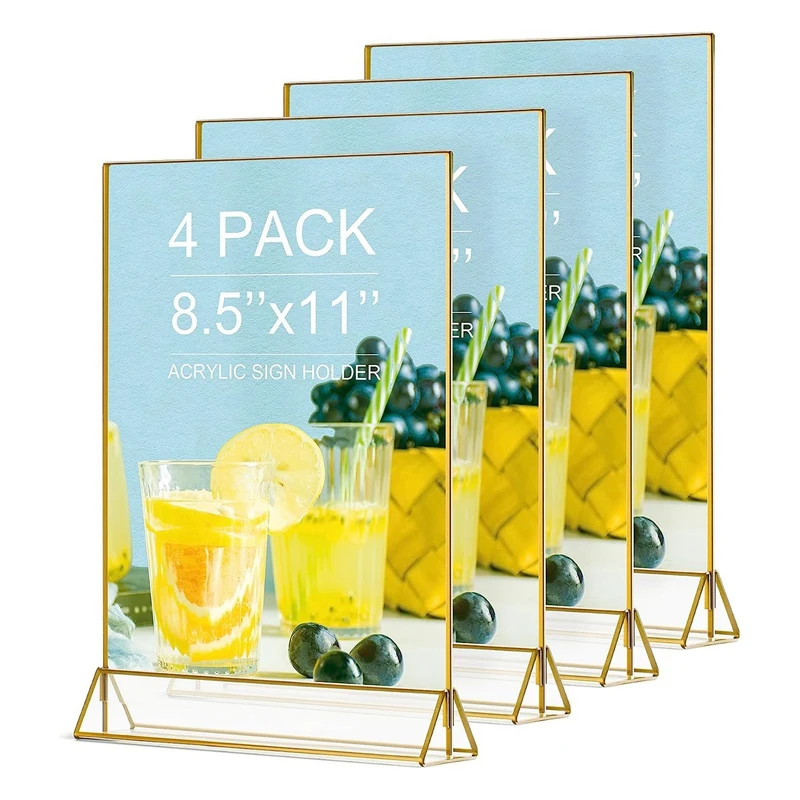 4pack 8.5x11 Zlatý obrazový rámec Akrylový držiak na značky Svadobné značky Čísla tabuliek Držiaky ponuky Set Kit