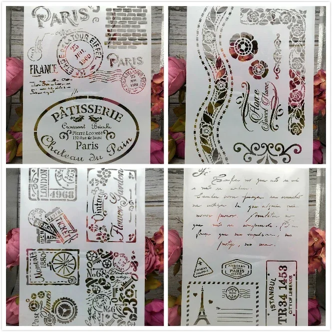 4PC/Lot A4 Parížske pečiatky DIY vrstvenie Šlapky nástenné maľovanie zošita sfarbenie Embosing Album Dekoratívna papierová karta Šablóna
