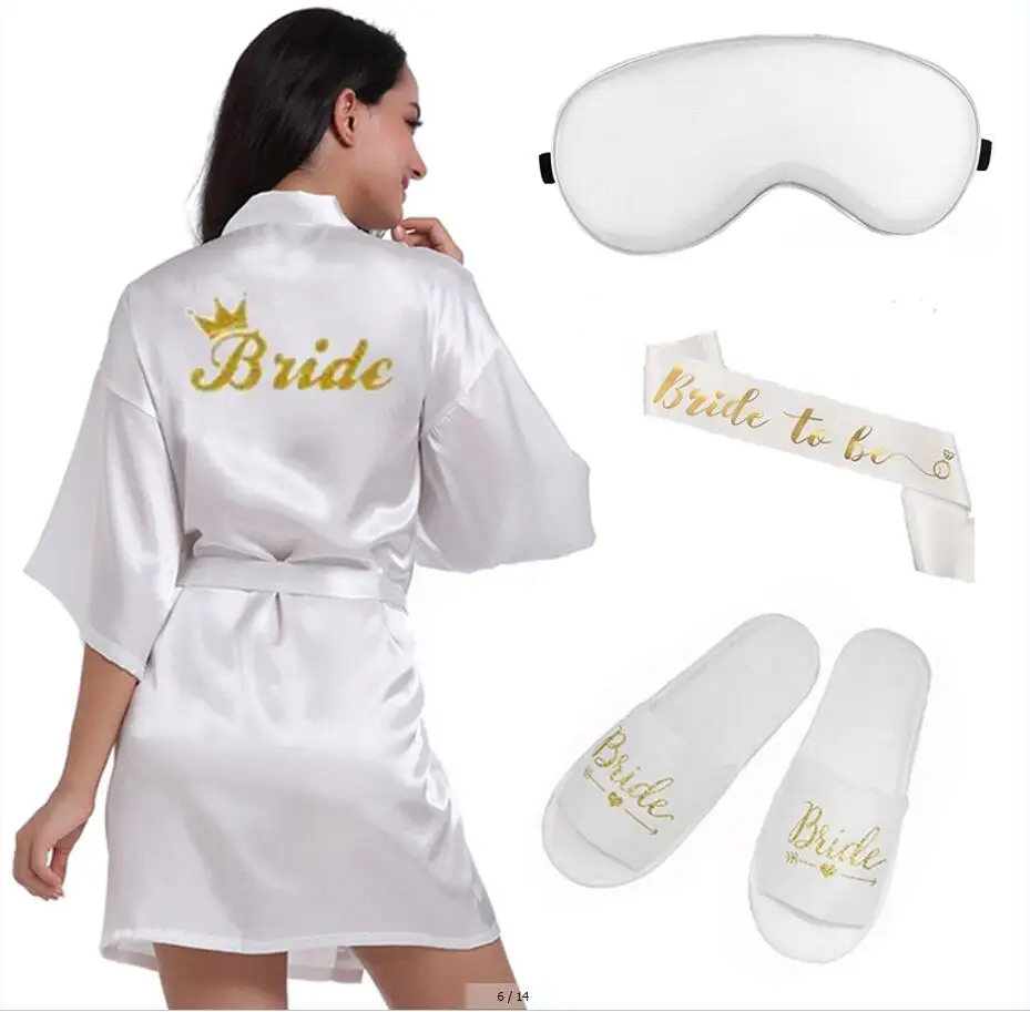 4pc sada trblietavých zlatých nevesty saténové krátky nevesta župany Svadobné krídla peignioir Ženy svadobná párty 2019 kimono rúcho