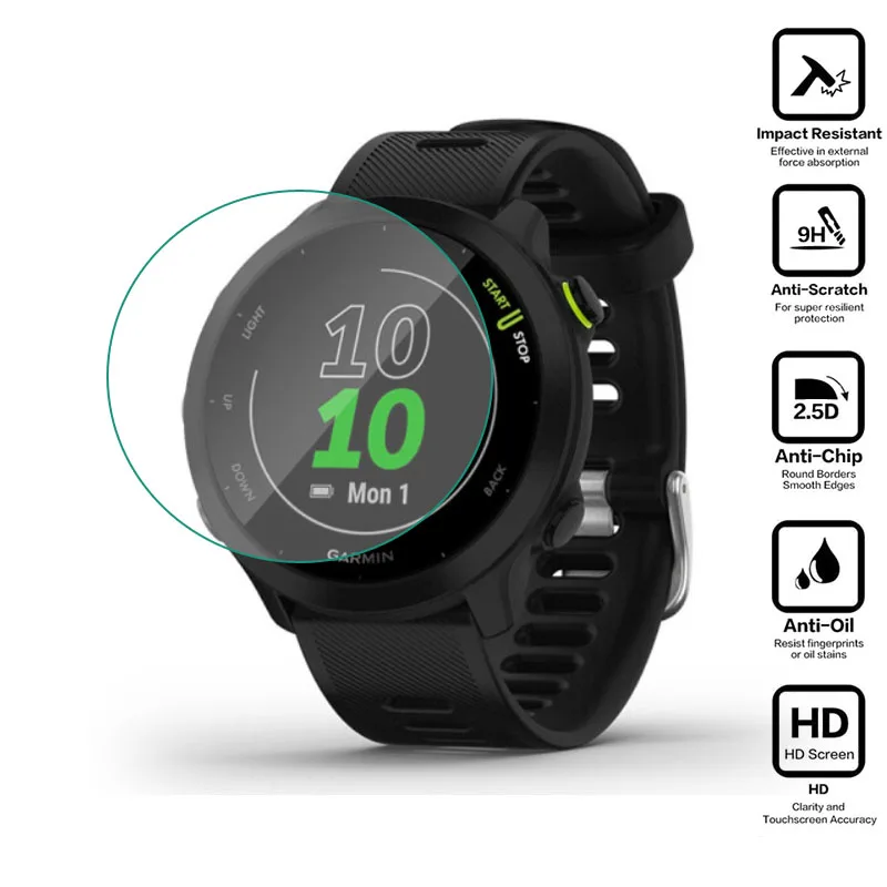 4PC SCREET OBRÁZKA FILM FILM PRE GARMIN FORERUNNER 158 55 SMARTWATCH TEMPERED GLO GLOSE 9H LTE 2.5D Proti-štrbina Clear ORFECTION