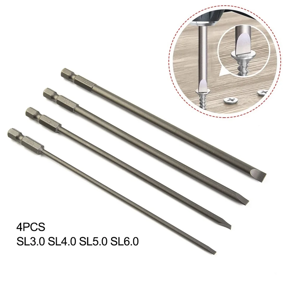4pcs 150 mm štrbina skrutkovača bit bit Sets Magnetické kúsky skrutkovača s plochou hlavou 1/4 palca šesťhranná stopka ručného náradia 3-6 mm