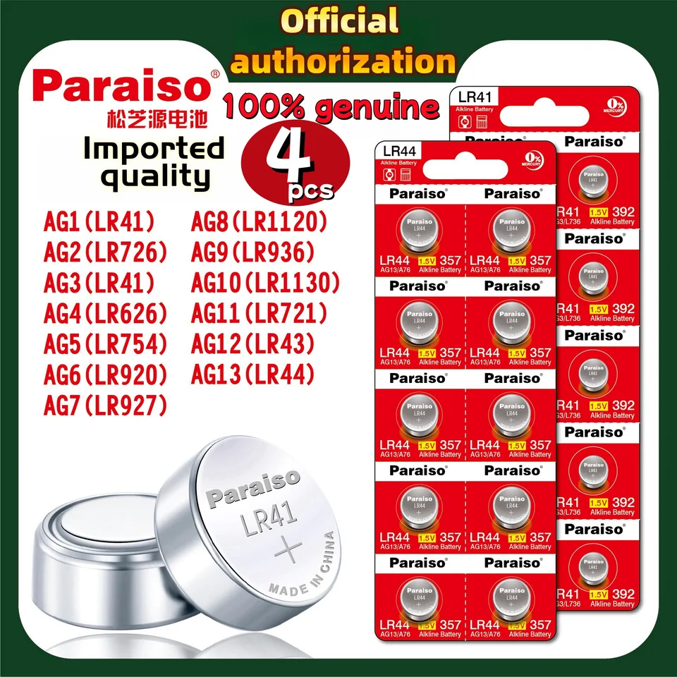 4PCS AG13 LR44 batéria 377 AG4 LR626 AG3 LR41 AG0 AG1 AG2 AG5 AG6 AG7 AG8 AG8 AG1 AG10 LR1130 AG11 AG12LR43 AG13 PILAS FOR WOOK HOOLY