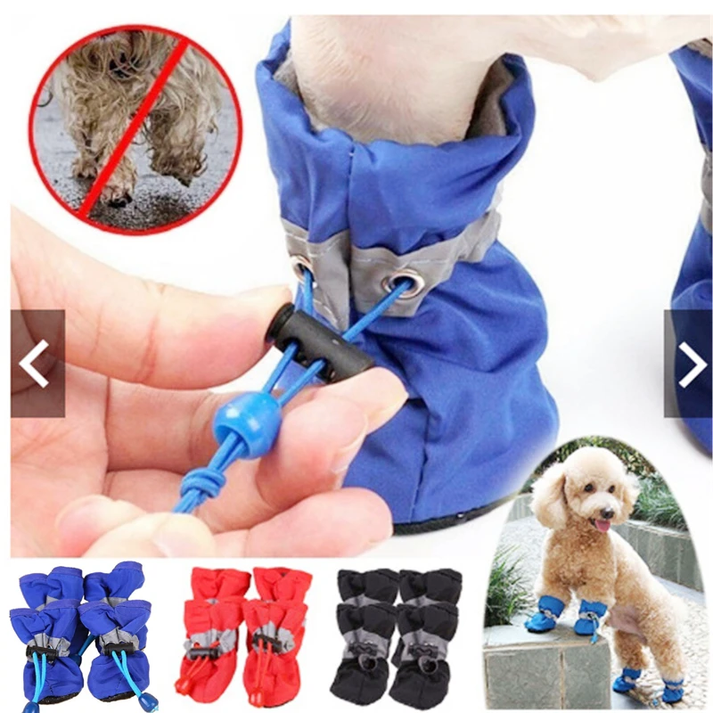 4pcs antiskid šteniatko topánky nepremokavé zimné maznáčik psie anti-šmykľavky dažďové snehové topánky obuv hustá hustá teplá pre predkréžky ponožky