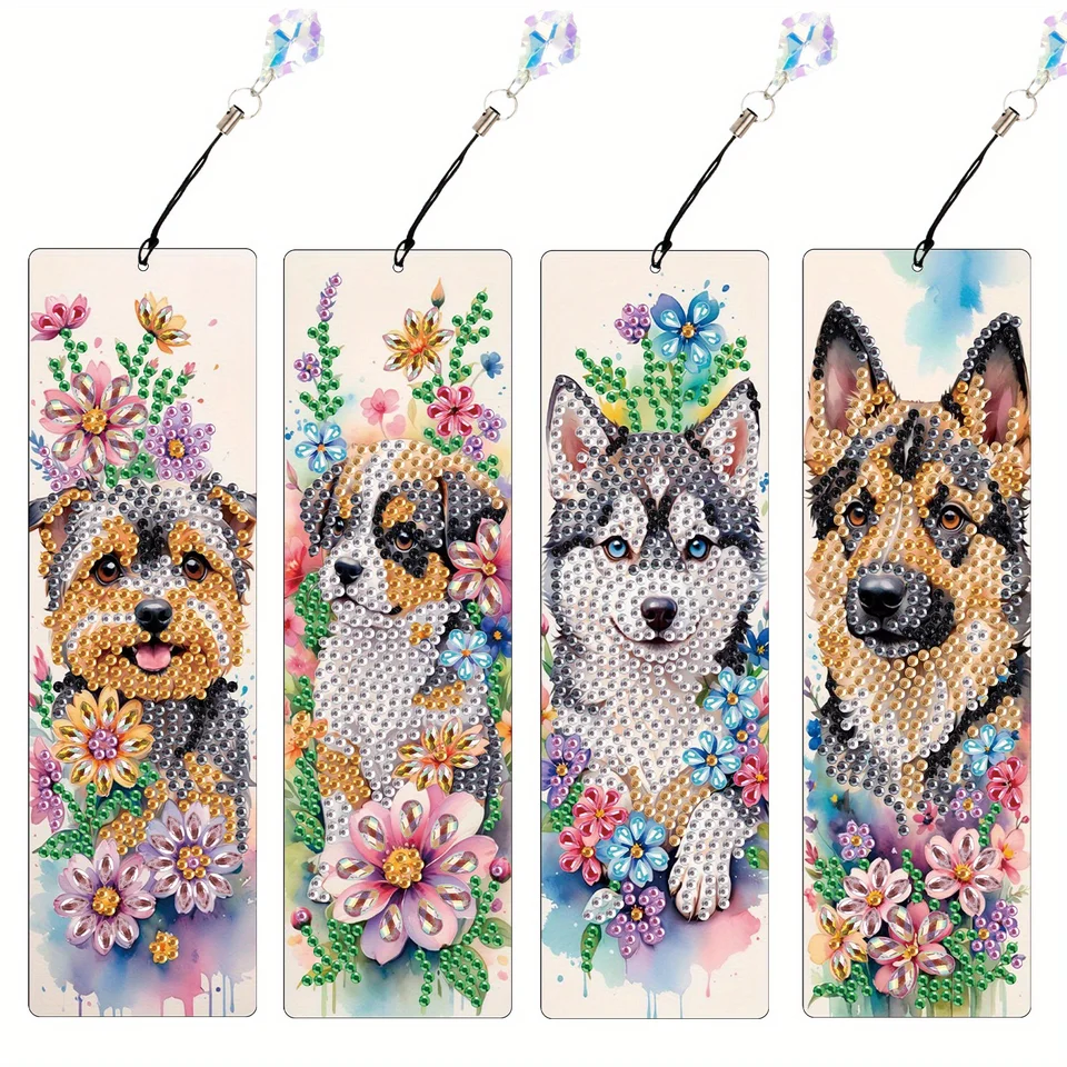 4PCS Diamond Art Maľba záložiek súprava pre dospelých, DIY roztomilý psí záložka Bling Crystal Pendant Bookmark pre darček pre domácu kanceláriu