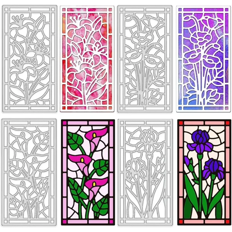 4pcs farebné kvetinové sklo Reliéfové šablóna kovové ľalie a Calla Lily Cut Dies Poppy and Iris Die Cuts pre kartu scrapbooking