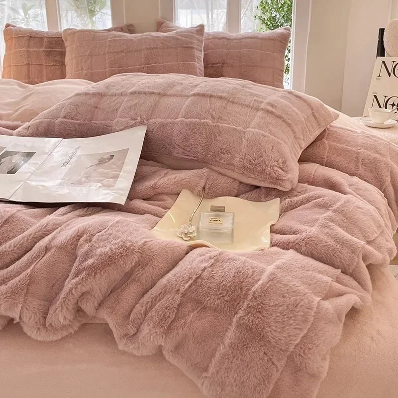 4pcs faux králičie kožušina jesenná zima Warm Bedwing Vážené prikrývky pre posteľnú listinu prikrývky a vankúš Funda nórdica