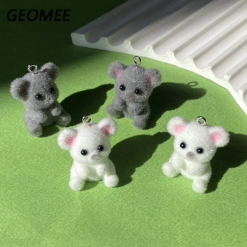 4pcs Fluffy Small Bear Živkot kúzla biela šedá farba Kawaii Zvieratá bábika Prívesok pre náhrdelníky Keychains DIY šperky