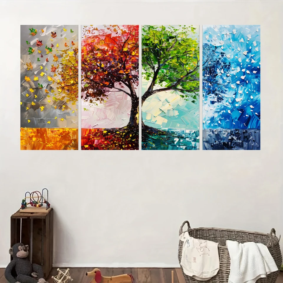4pcs Four Seasons Tree Abstrakt textúry tlač tlač maľba, farebné umenie plagátu, pre obývaciu izbu domov, bez rámu
