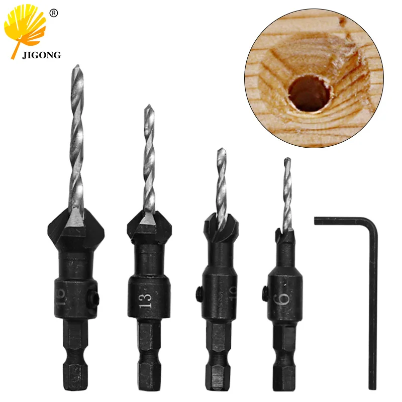 4pcs HSS 4241 Carpentry CounterSink Bit Bit Set Rýchle zmenu hexovej drieku #6 #10 #13 #16+1pc kľúč