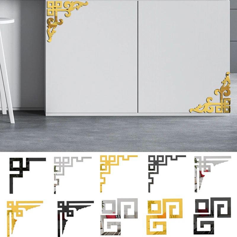 4pcs nábytok dekorácie zrkadlové zrkadlo 3D wallsticker akrylové samolepiace zrkadlo zlaté skrinka skrinka skrinka rohový nálepka