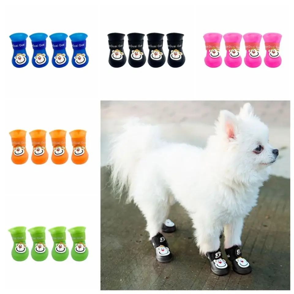 4pcs/set karikatúra roztomilý pet silikónový dažďový topánok prenosné psie topánky proti sklzu nepremokavý kryt nohy vonkajší chránič labky pre domáce zvieratá