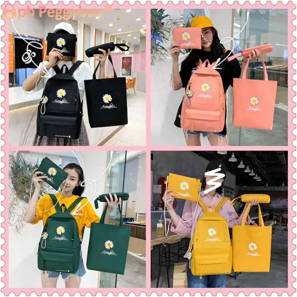 4pcs/set Preppy Style Daisy Print Canvas Batoh kabelky Ceruzka Case Casy Travel Daypacks Školská taška pre dospievajúcich dievčat