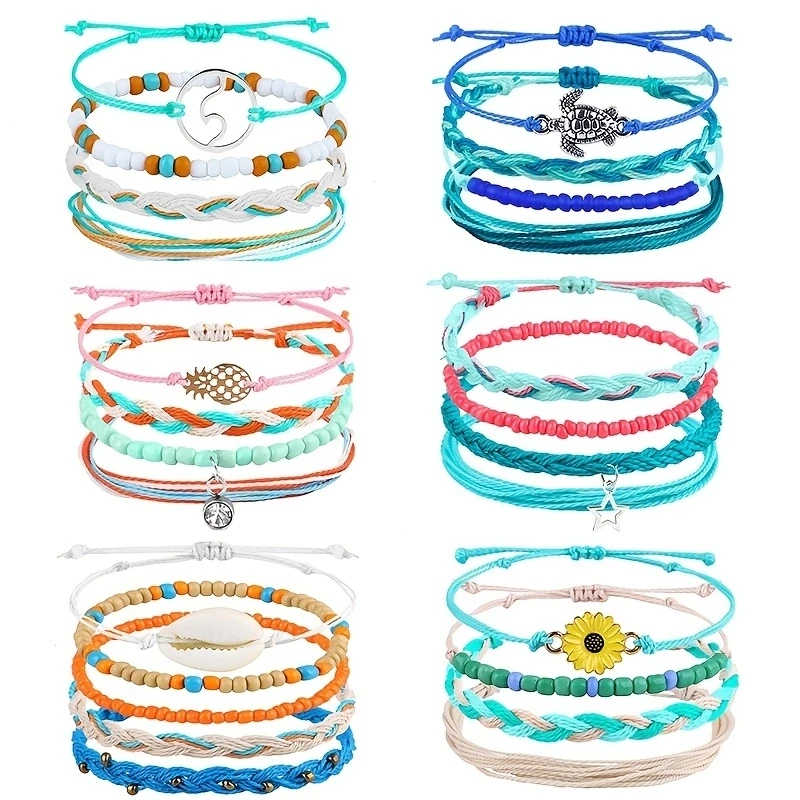 4pcs Surfer Wave Bracelet Ocean Wave nastaviteľný vodotesný ručne vyrábaný priateľský náramok letné slnečnicové náramky