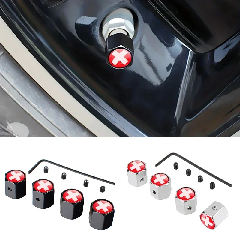 4PCS Švajčiarska vlajková vlajka automobilové kolíky Vzduchové kryty automobilu Air Stovná čiapka pre Ford Dodge Honda BMW Toyota Audi Nissan Subaru Mazda VW