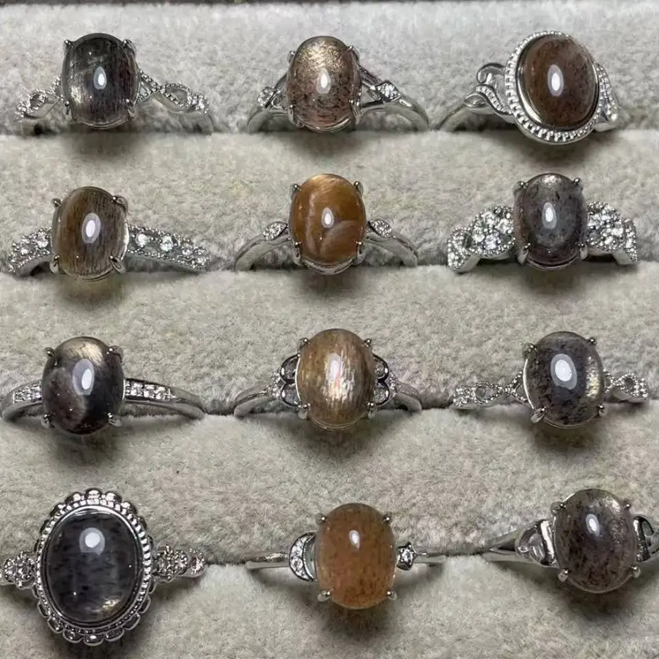 4Rings Natural Black Golden Sunstone nastaviteľný prsteň biely meď Prsteň pre ženy prsteň približne8*10 mmmm