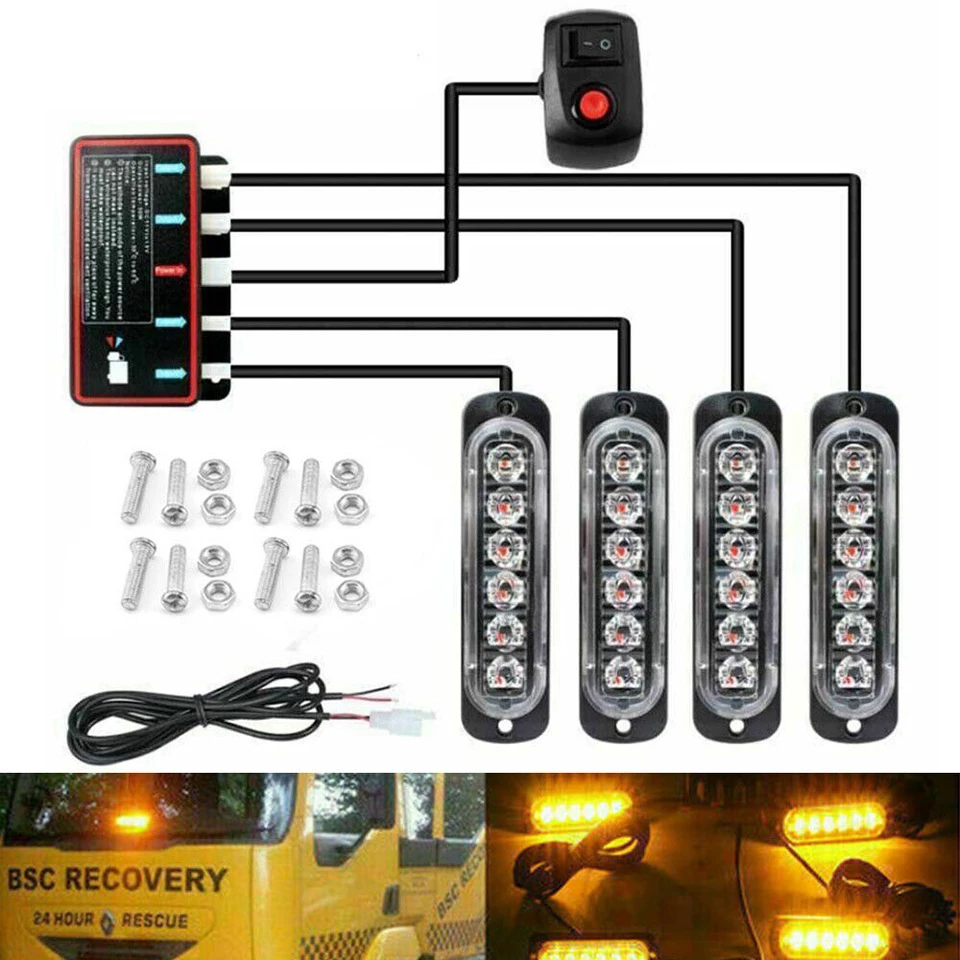 4x 6 LED 12V Káblové/bezdrôtové diaľkové ovládanie Rekonituru Strobe Značka Svetelné auto Blikajúca lampa Bar majáckom autá Varovanie