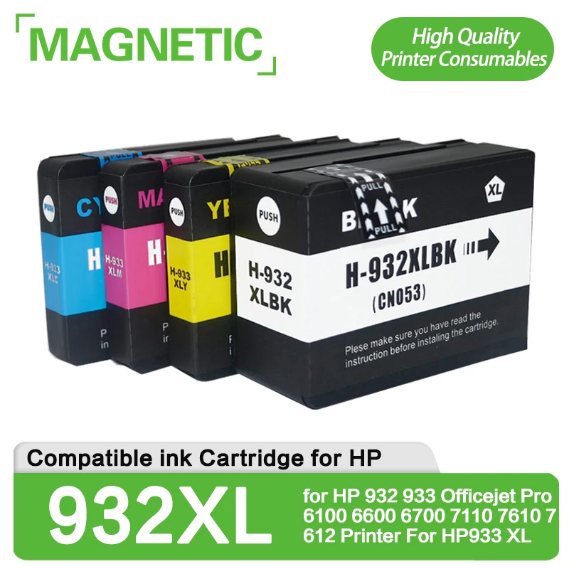 4x Magnetické kompatibilné atramentové kazety pre HP932 pre HP 932 933 OfficeJet Pro 6100 6600 6700 7110 7610 7612 Tlačiareň pre HP933 XL