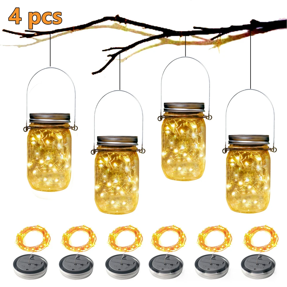 4x Solárna energia Mason Jar Lights Lights LED vodotesná rozprávková reťazca svetlá záhradné dekorácie vianočné svetlá vonkajšie svadobné dekorácie