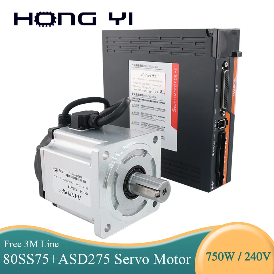 5.0A 2,39NM 750W Servo Motor Drive Kit AC200-240V 3000RPM 80SS75 ASD275 Servo Driver 3M Kodérový kábel Woodworking Woodworking CNC Router