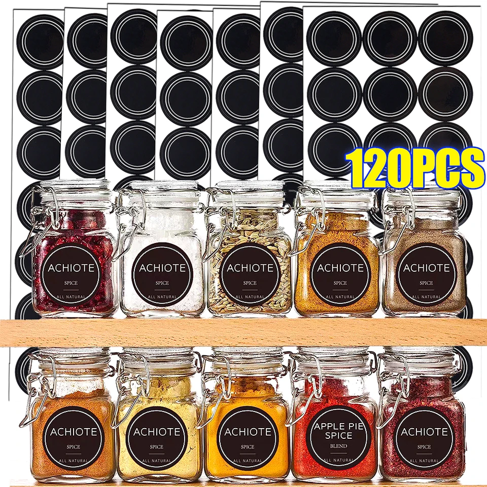 5/10 listov Round Spice Label Label Kitchen Room Labels Spice Jars Witerproof a Oil-Orfoft Erasable Baliaci nálepky na tabuľu