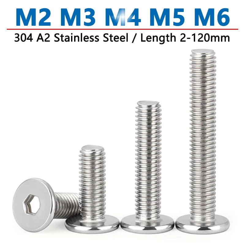 5-100ks M2 m2.5 m3 m4 m6 cm 304 A2 Nerezová oceľ Hex Hexagon Socket Ultra Thint Plochá oblátka Allen skrutka skrutky L = 2-120 mm