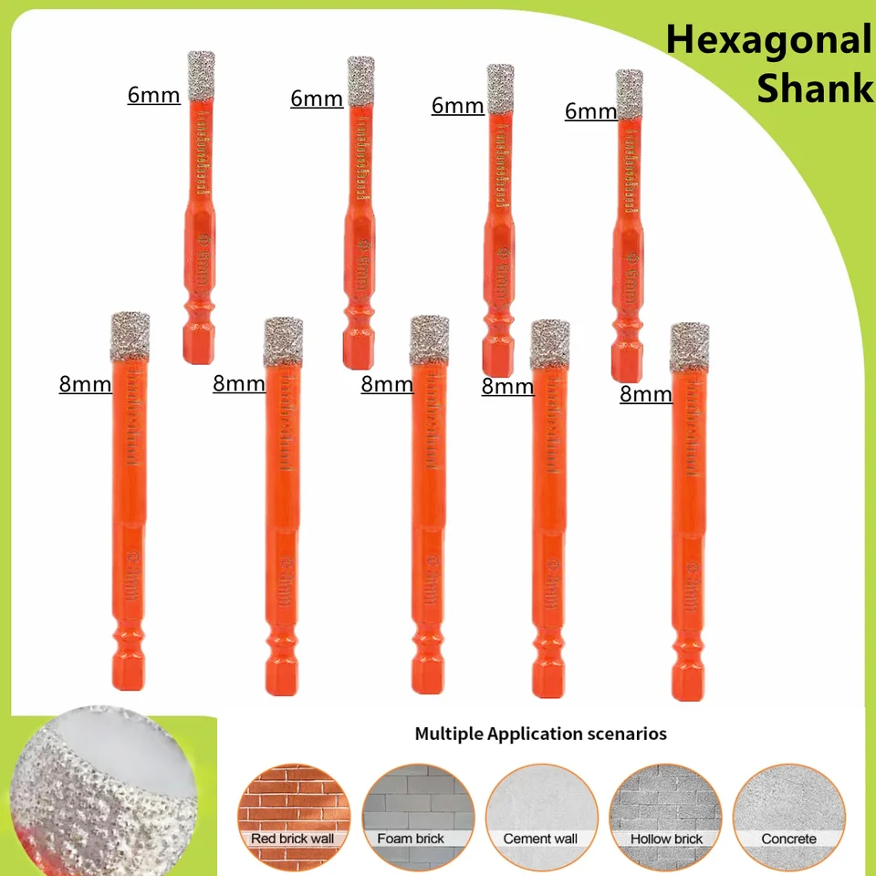 5/10ks exagonálne drievky Brazed Tangerine Dry Ceramiktile Bit Bit VACUUM Diamond DRILL BITS DRILL HOLE PILE žula a mramor.