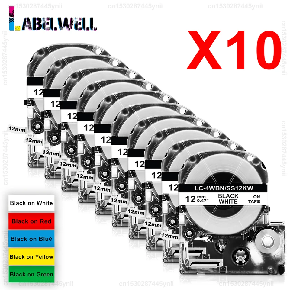 5/10pk SS12KW LK-4WBN Black on White kompatibilné pre Epson ST12KW SC12YW 12 mm štítok pre Epson LW-300 LW-400 Label Printer Printer