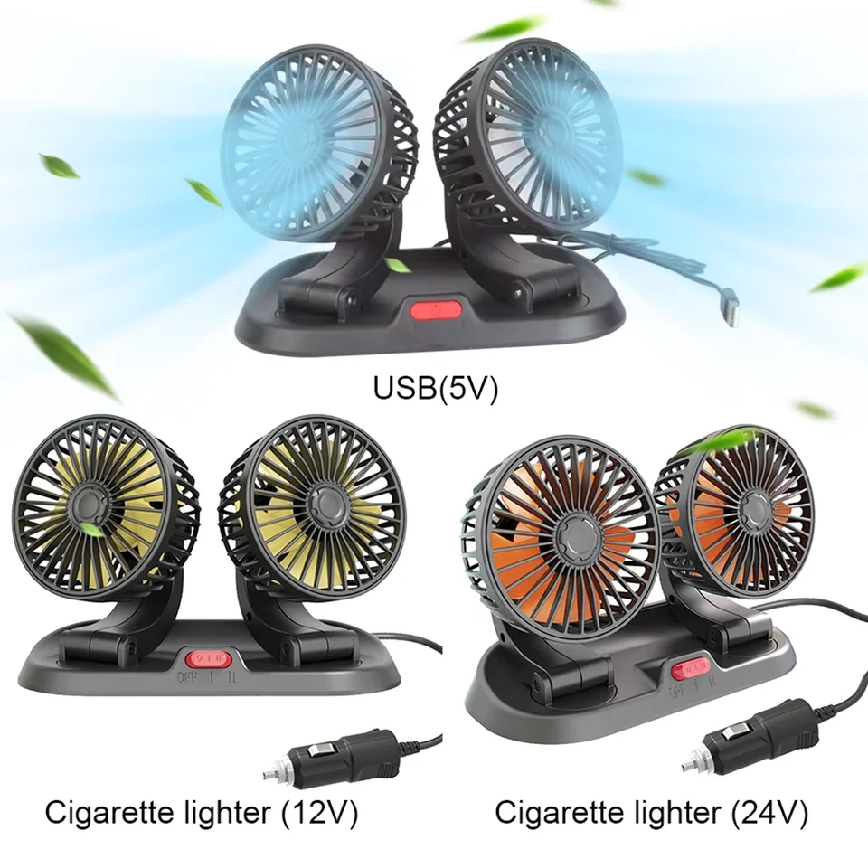 5/12/24 V Prenosný ventilátor s dvojitým hlavičkom 360 ° ROTÁCIA 2 Speed ​​Electric Elektrický ventilátor USB Air Circulation Fans pre ventilátor automobilu